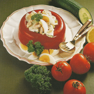 Würziges Tomaten-Gemüse und Tomatensülze mit Shrimpsmayonnaise 