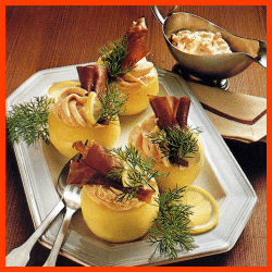 Gegrillte Grapefruits Patrizier-Apfel und Roquefort-Birnen